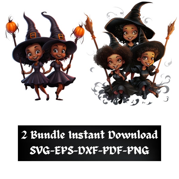 African American Pretty Cartoon Witches SVG - Halloween Magic, Witchcraft digital design, Cute witch SVG bundle, Cartoon witchy vibes