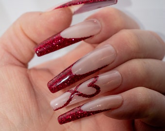 Red glitter heart Valentine’s Day press on nails, fake nails, false nails, coffin press on nails