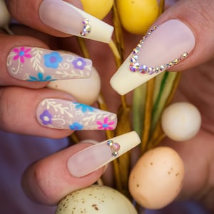 Matte pastel & colorful spring flower press on nails with bling and French tip| easter press on nails| fake nails