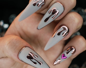 Valentine’s Day press on nails, Matte grey & rose gold bleeding/dripping chrome metallic heart press on nails- stiletto press on nails