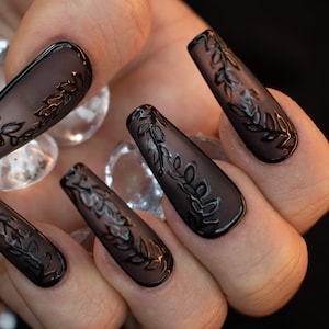 Sheer matte black medium coffin press on nails with black leaf detail