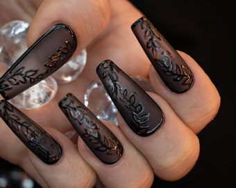 Sheer matte black medium coffin press on nails with black leaf detail