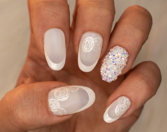Sheer white with shimmer rose detail & shimmer French tip press on nails,spring wedding press on nails, Bride press on nails, fake nails