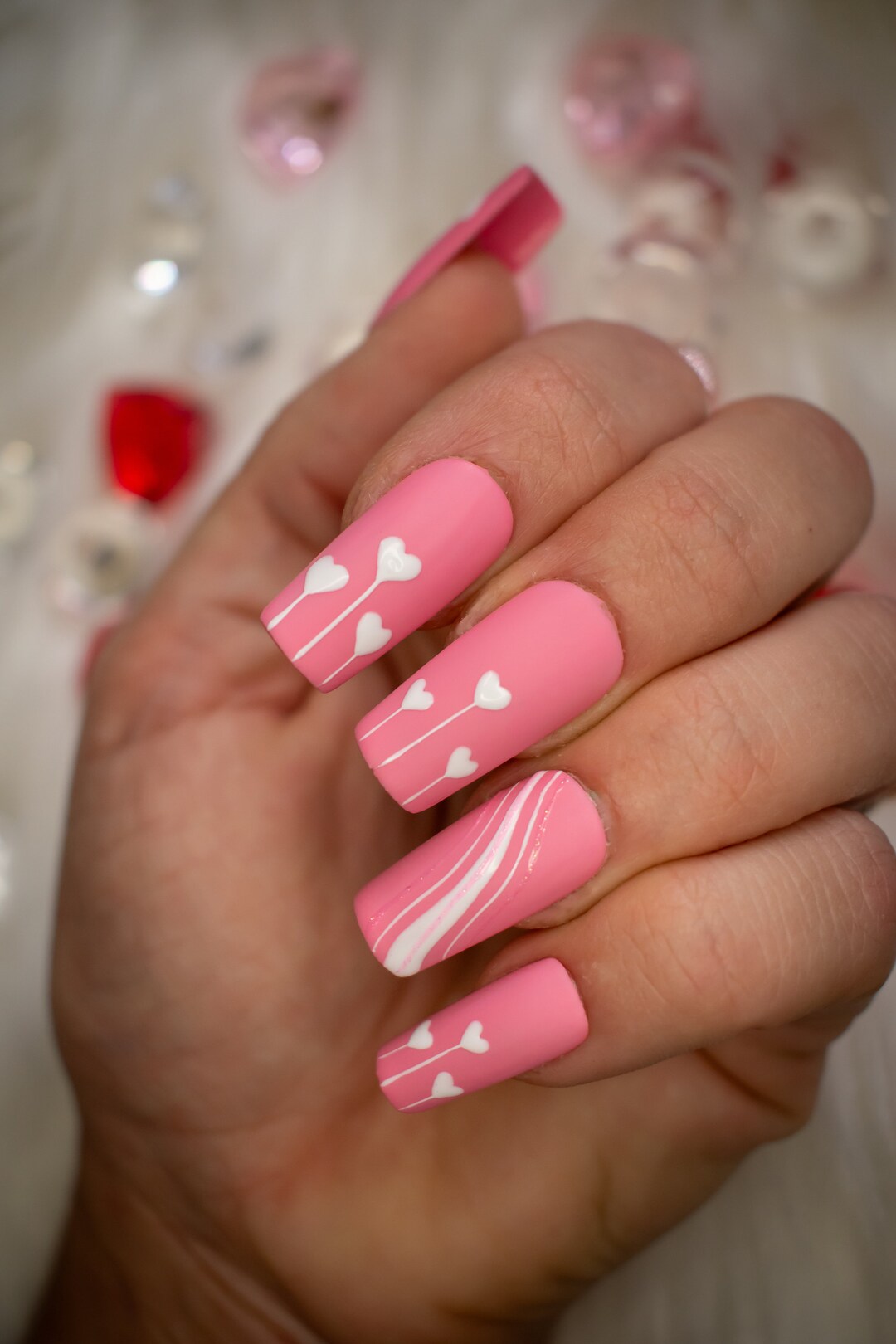 Matte Pink Heart Press on Nails With White Hearts - Etsy