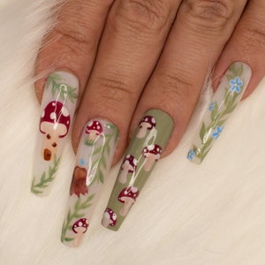 Mushroom Garden Press On Nails| Spring Press On Nails| Cute Mushroom Nails| fake nails
