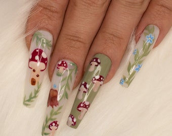 Mushroom Garden Press On Nails| Spring Press On Nails| Cute Mushroom Nails| fake nails