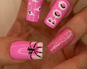 Cute boo, pink, ghost, Halloween press on nails, pink Halloween nails, cute halloween nails