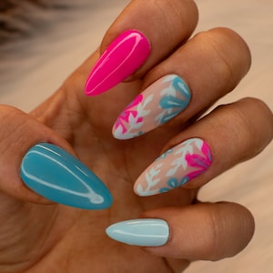 spring press on nails with flowers|Flower press on nails|neon flowers| spring nails| fake nails| almond press on nails