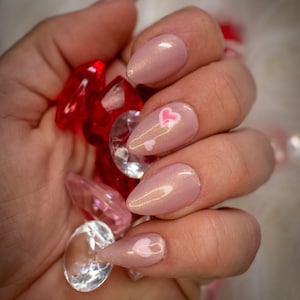 Valentines day press on nails, shimmer pink with pink hearts press on nails, almond press on nails, fake nails, glue on nails