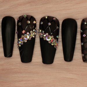 Black Sheer, Matte black press on nails with Rhinestone gems Medium coffin press on nails image 2