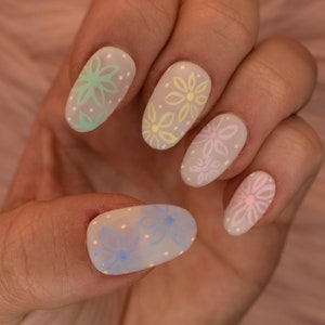 Matte Milky white with Pastel Flower press on nails,Sheer white press on nails, fake nails,spring nails,Easter press on nails