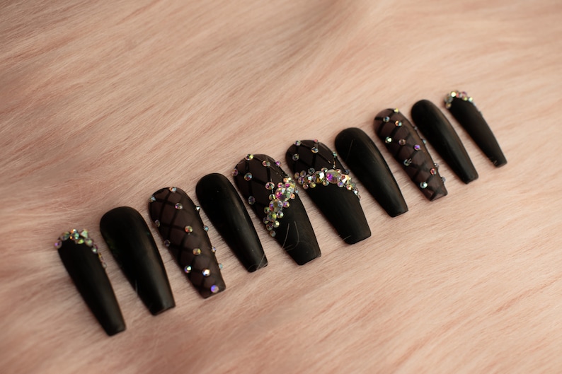 Black Sheer, Matte black press on nails with Rhinestone gems Medium coffin press on nails image 4