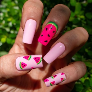 Watermelon press on nails|pink watermelon press on nails|summer press on nails|hand painted press on nails