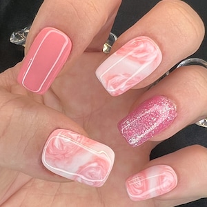 Pink marble rose press on nails| Pink glitter nails| Short square press on nails