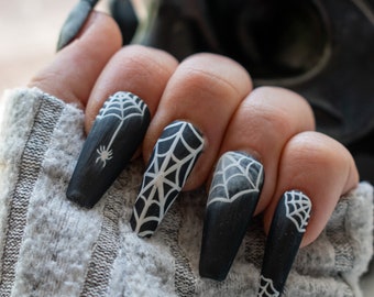 Halloween press on nails. Matte black white spiderweb design press on nails