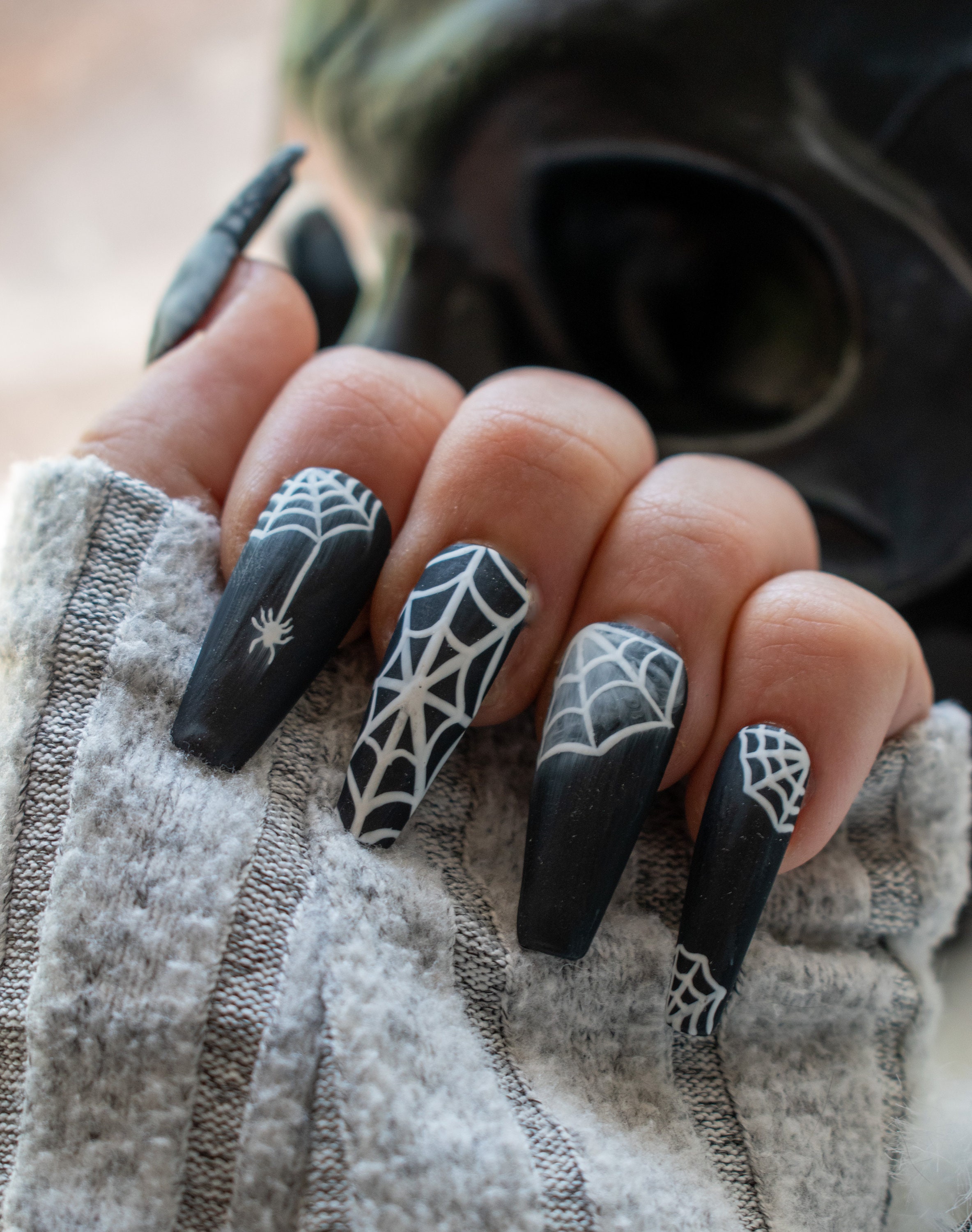 Black Sheer, Matte Black Press on Nails With Rhinestone Gems Medium Coffin  Press on Nails 