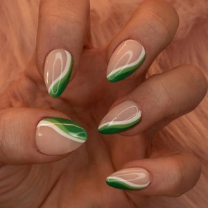Green and white stripe almond press on nails|hand painted press on nails, saint patricks day press on nails, fake nails