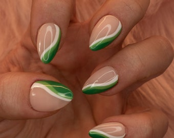 Green and white stripe almond press on nails|hand painted press on nails, saint patricks day press on nails, fake nails