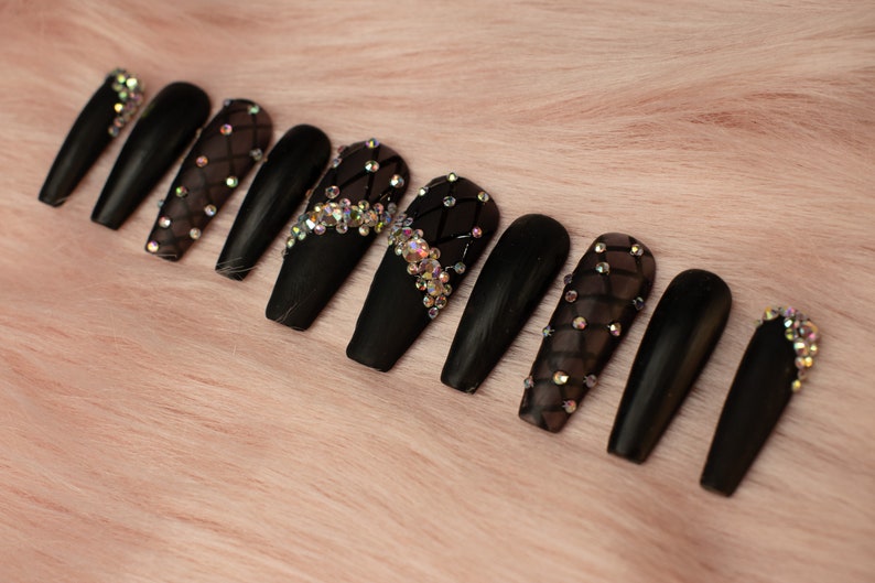 Black Sheer, Matte black press on nails with Rhinestone gems Medium coffin press on nails image 3