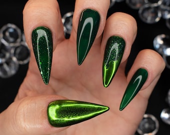 Green metallic press on nails- medium stiletto press on nails-