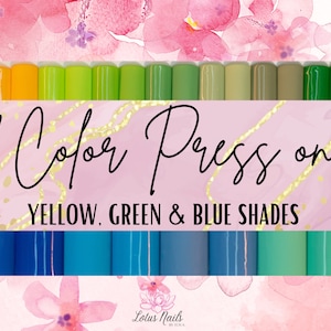 Solid color press on nails, no design, shades of yellow, green and blue