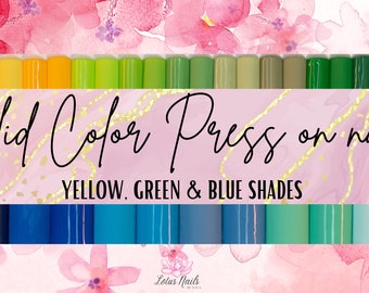 Solid color press on nails, no design, shades of yellow, green and blue