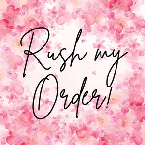 Op de afbeelding: Een roze aquarel achtergrond met een wit midden waarop de tekst "Rush my order!" in zwarte cursieve letters staat.