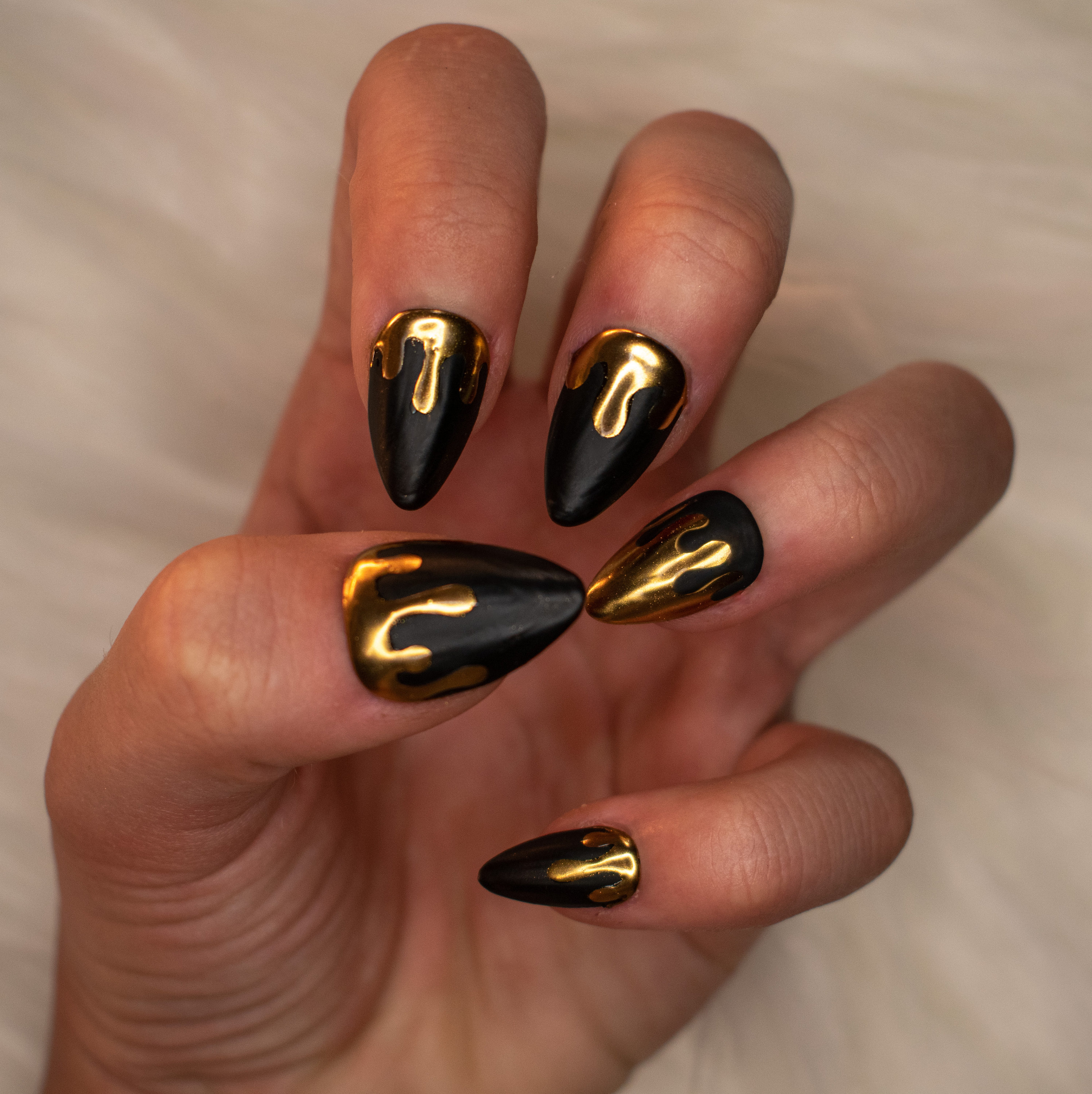 Matte Black Almond Press on Nails: Gold Chrome Drip False Nails - Etsy