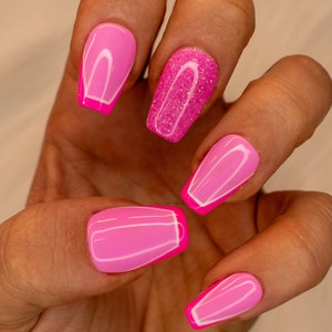 Hot Pink press on nails|pink tip nail|pink glitter presson nails|Hot pink press on nails