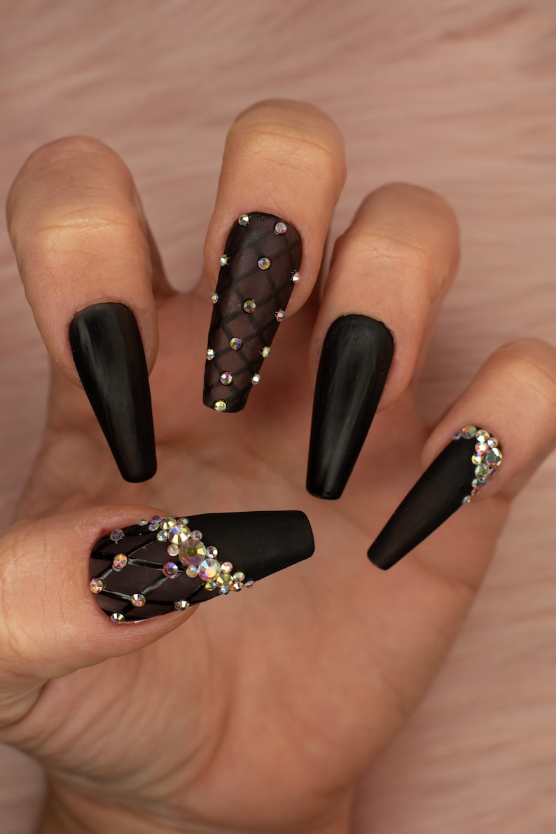 Black Sheer, Matte black press on nails with Rhinestone gems Medium coffin press on nails image 1