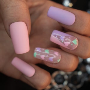 Pastel Heart Press On Nails: Matte Pink & Purple Valentine&#39;s Day Fake Nails