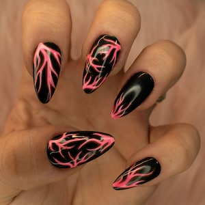 Neon pink lightning press on nails-Medium almond press on nails