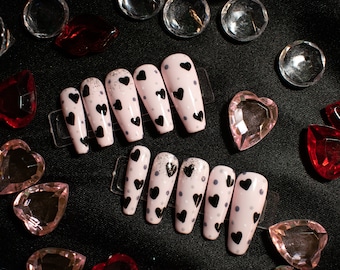 Pink, black heart-medium coffin, press on nails Valentine’s Day press on nails