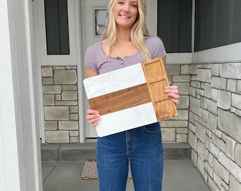 Custom Engraved Marble Charcuterie Board Set – Acacia Wood Base + Cheese Knives, Personalized Serving Gift - BLACK FRIDAY SALE