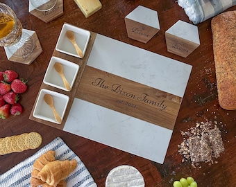 Beautiful Custom Engraved Charcuterie Board and Coasters, Marble and Wood, Wedding Gift, Housewarming Gift, Bachelorette For Her, Mothers Da