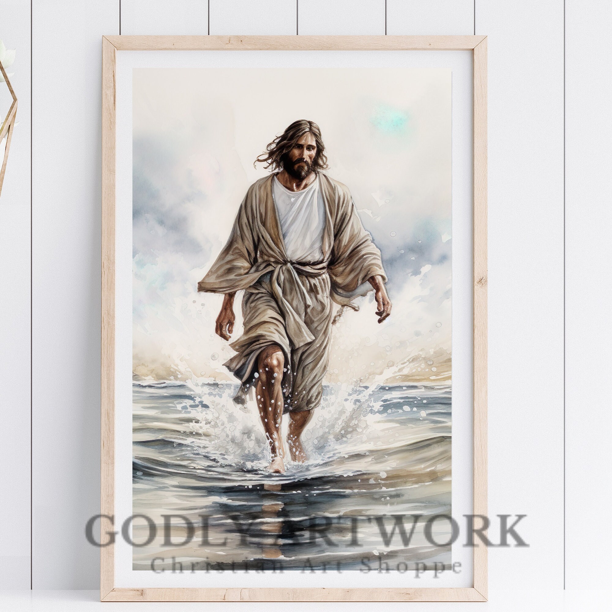 Jesus Walking on Water Watercolor Art, Christian Art, Home Decor