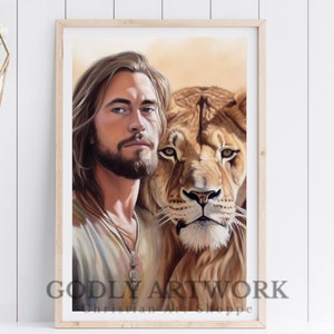 Jesus and Lion Watercolor Art | Digital Download | Printable Jesus Art | Home Decor | Wall Art