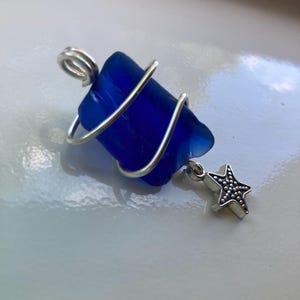 Blue Sea Glass Pendant with Sterling Silver Starfish Charm