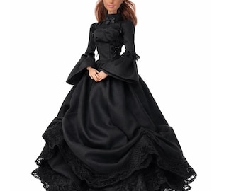 Gothicore black victorian dress for fashion 11,5 inch 30 cm size doll clothes