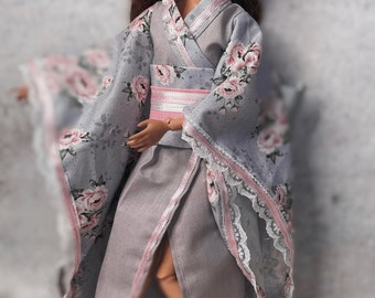 Traditional japanese kimono grey pink dress for fashion 11,5 inch 30 cm size doll clothes