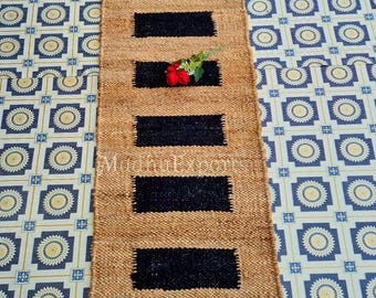 Handmade Striped Hemp Runner Rug: Tufted Jute, Handwoven Dhurrie