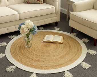 Hand Braided Jute Rug with White Tassels - Boho Home Decor