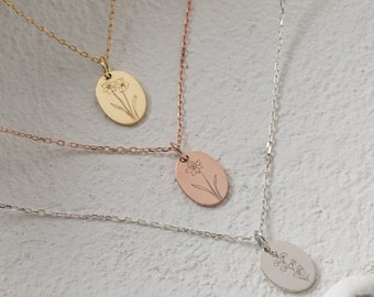 Sterling Silver Birth Flower Necklace: Personalized Engraved Jewelry