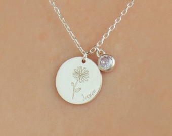 Flower Necklace, Birth Flower and  Birthstone Necklace, Birthstone Necklace, Bridesmaid Gift, Birthday Gift for Her