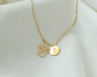 Sterling Silver Guardian Angel Necklace: Personalized Initial Charm, Memorial Jewelry