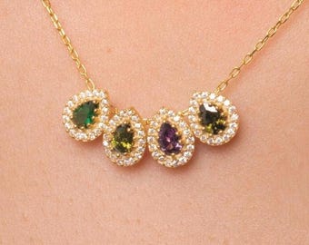 Sterling Silver Family Birthstone Necklace: Personalized Zirconia Jewelry