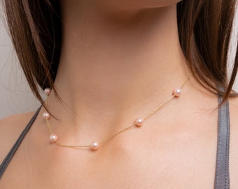 Pink Freshwater Pearl Necklace: Sterling Silver, 14k Gold