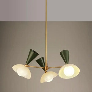 1920 Mid Century Sputnik 3-Arm Ceiling Pendant in Natural Brass + Enameled Mesh, By The True Hype Decor