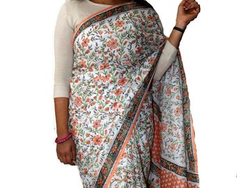Handbedruckter Baumwollsari für Lehrerin - weicher, leichter Block Print Sari mit Blusenteil | Indische Bandhani Saree | Handgemachte Geschenkverpackung