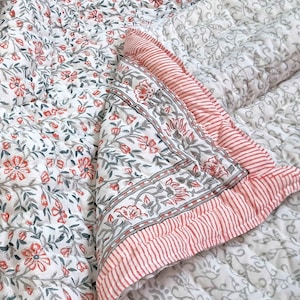 Blush Pink Reversible Comforter Quilt – Hand Block Printed Cotton Quilted Throw Blanket – Oversized Lap Bedding Coverlet for Couch & Bed